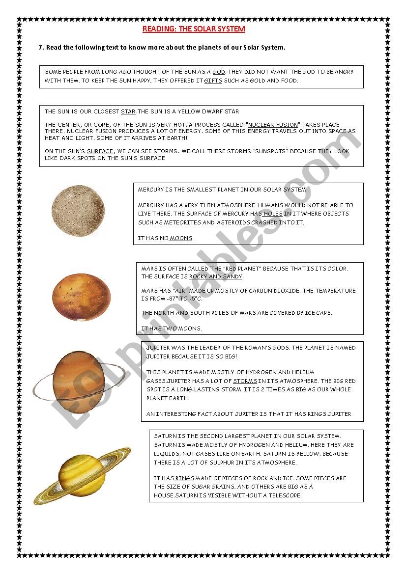 The Solar System worksheet