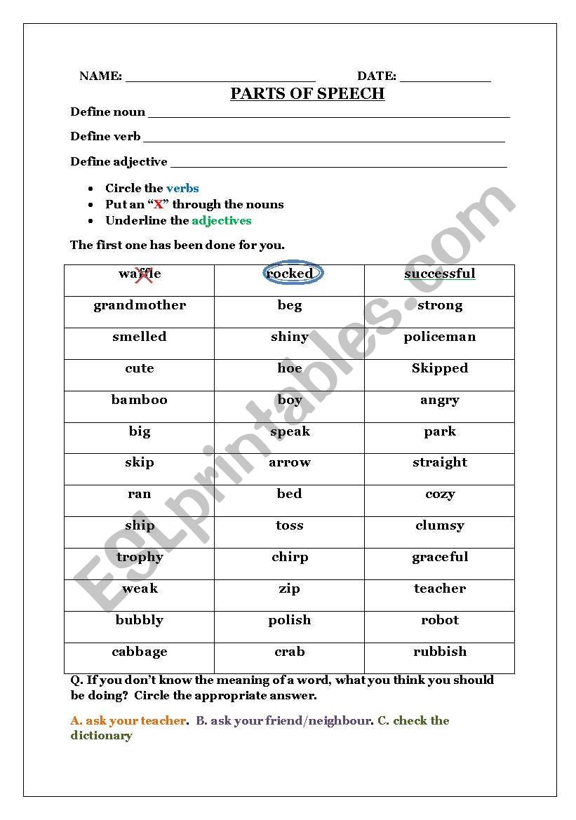 English Worksheets Identify Parts Of Speech