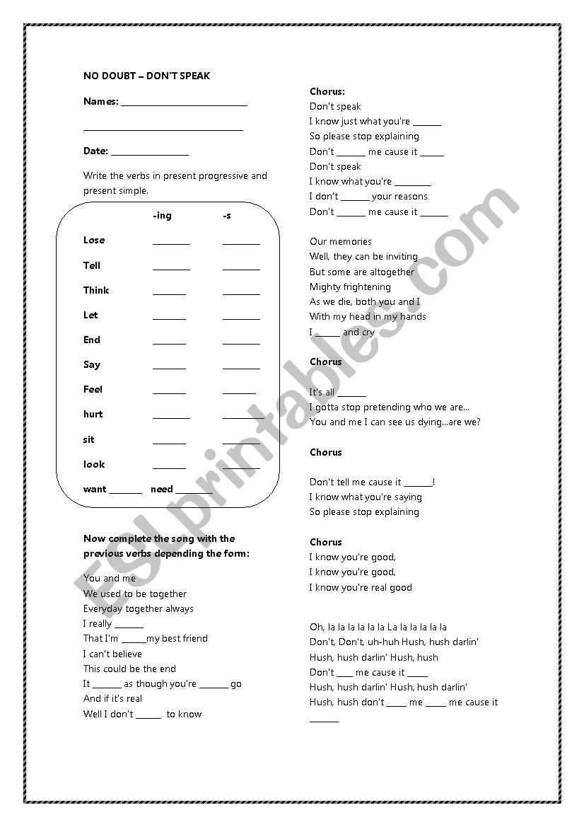 present simple vs present progressive song practice