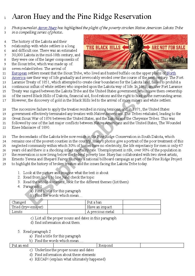 Pine Ridge reservation worksheet