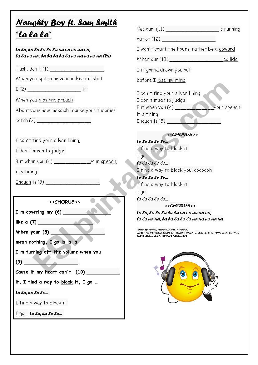 Lalala Naughty Boy Feat Sam Smith Song Listening Exercise Esl Worksheet By Kurtiba Got the paper, went to school, be careful who you callin' a. lalala naughty boy feat sam smith