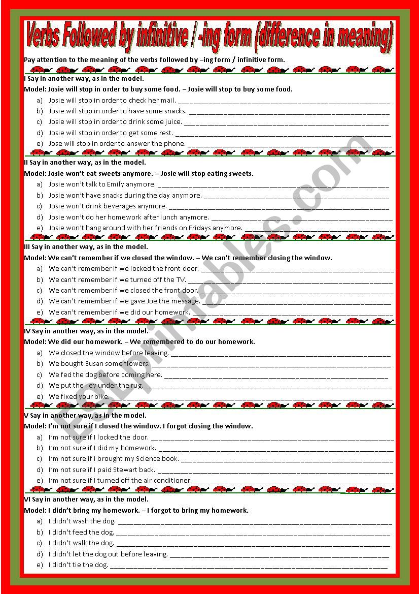 Verbs followed by infinitive / -ing form (difference in meaning) *editable