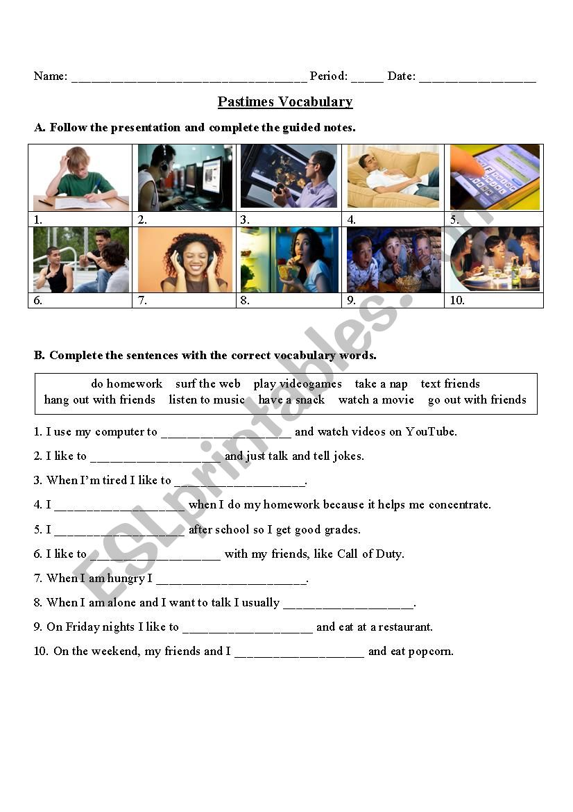 Pastimes Vocabulary worksheet