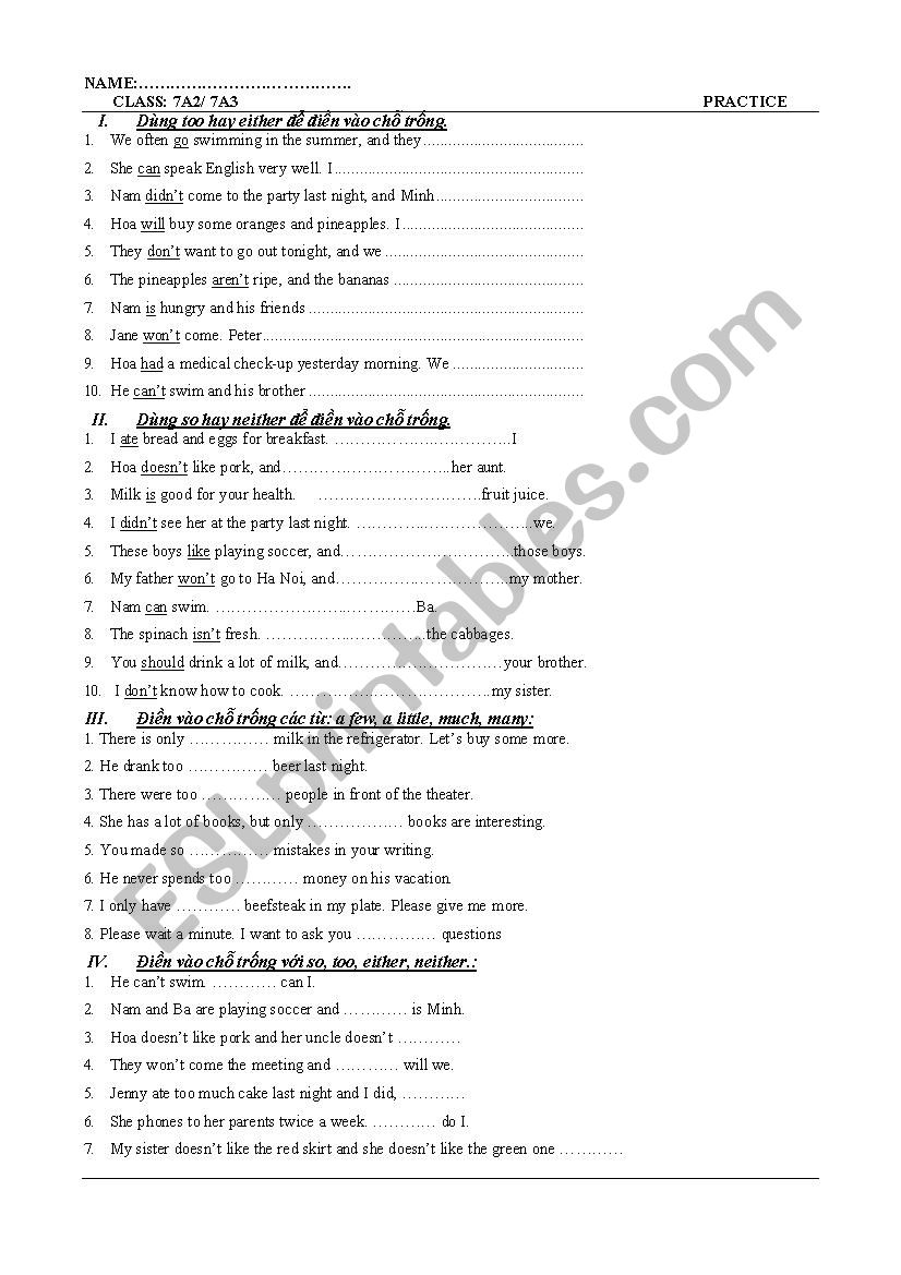 exercise worksheet