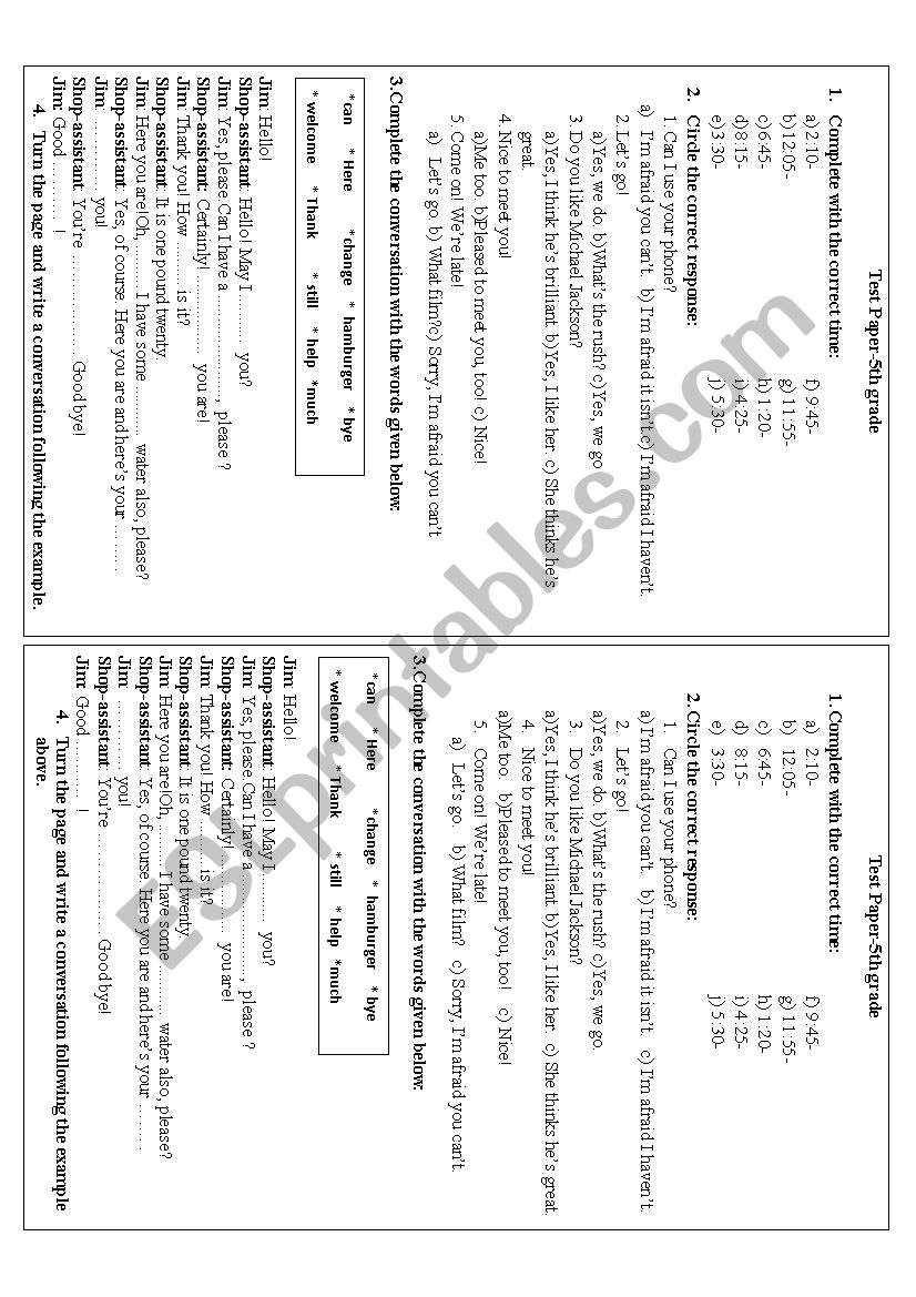 Test Paper for beginners worksheet