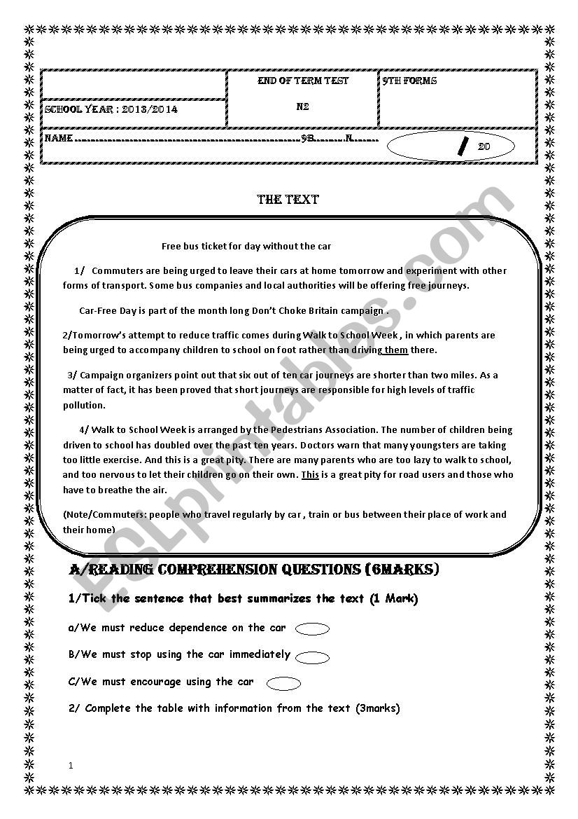 end of term test 2 9th form worksheet