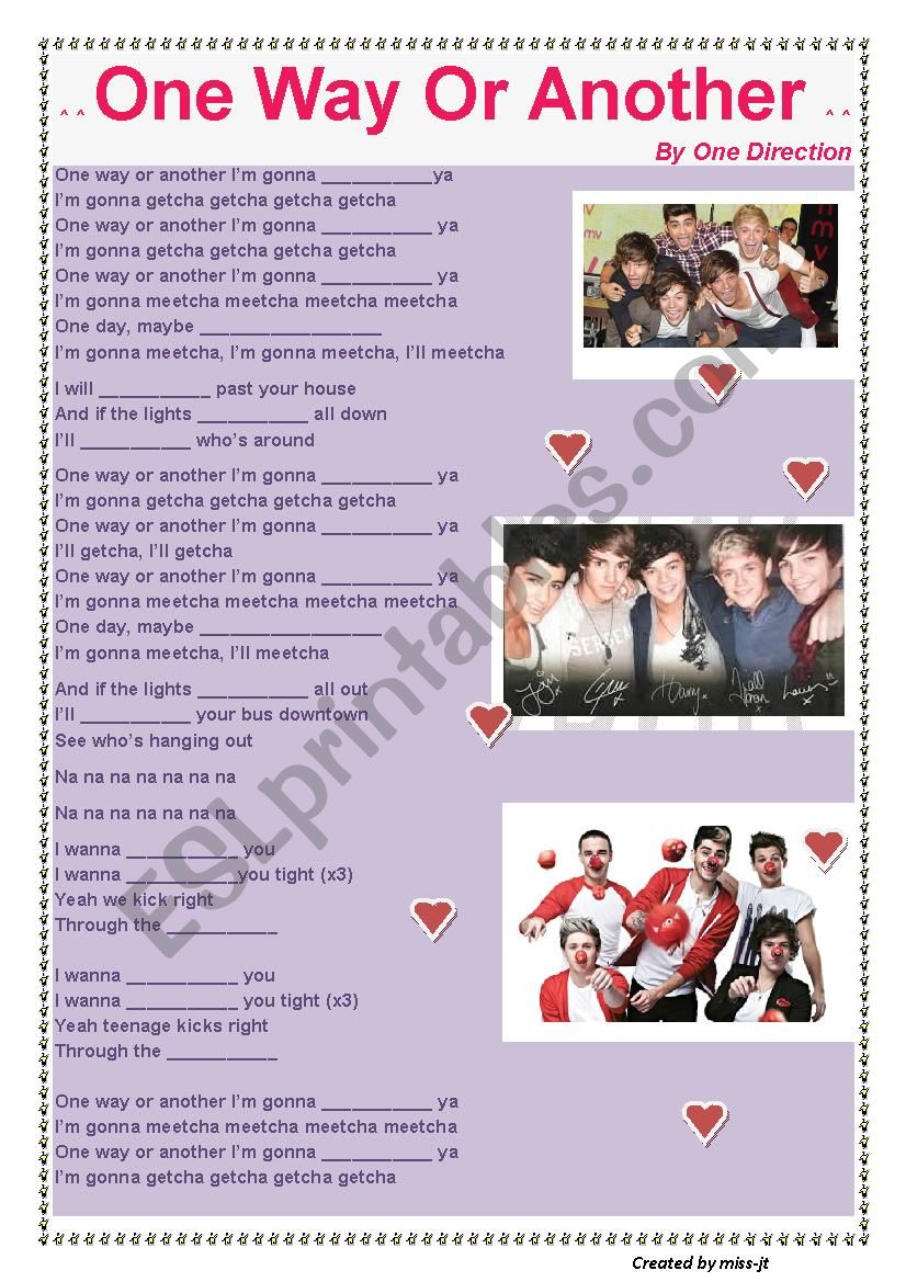 One Direction- One way or another (song worksheet)