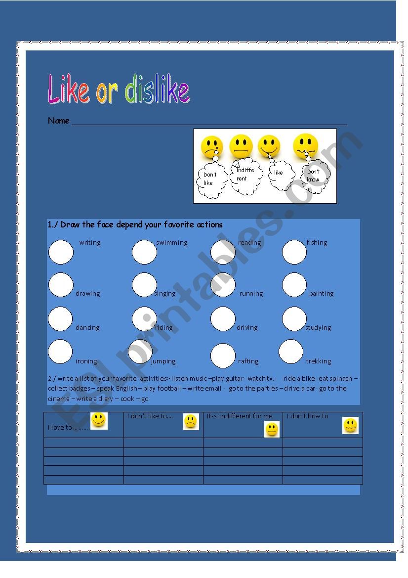 like or dislike actions worksheet