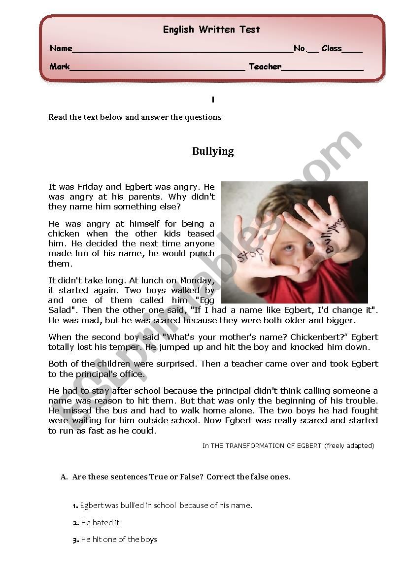 Bullying: reading comprehension/ written test