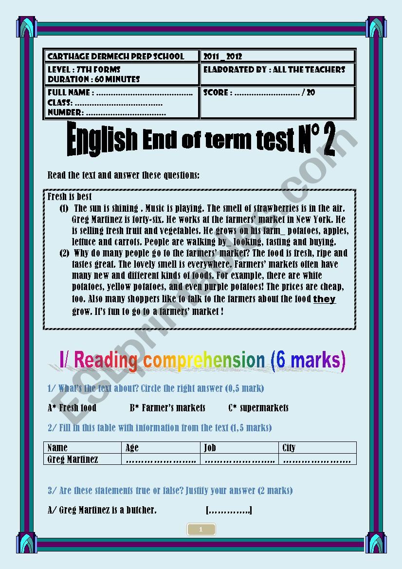 End of term test N 2  worksheet