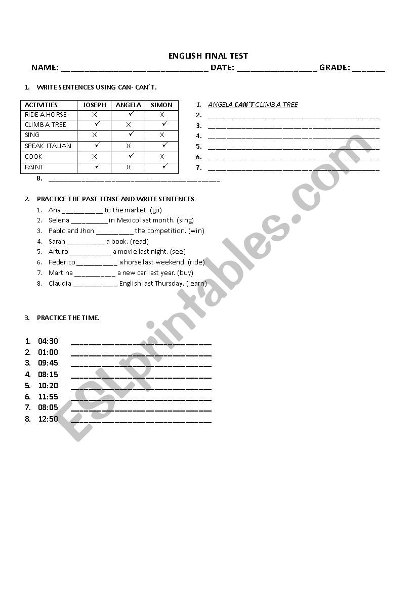 english grammar test worksheet