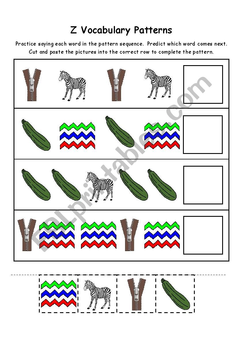 Letter Z Vocabulary Patterns worksheet