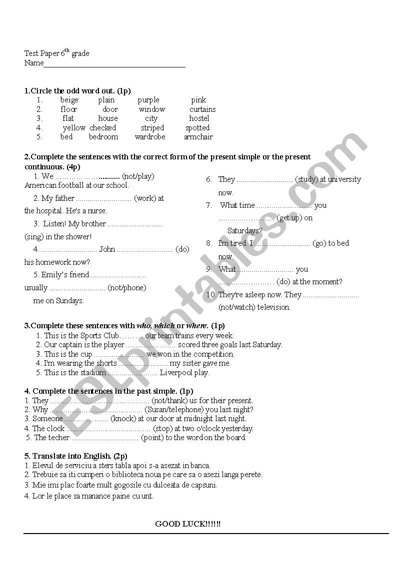 test paper/worksheet present simple or present continuous/relative clauses