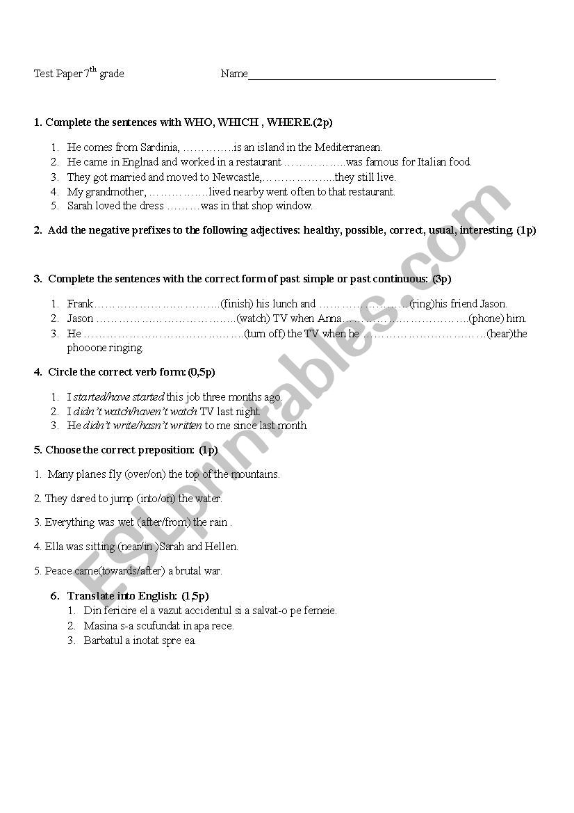 relative clauses/prepositions/ negative prefixes for adjectives