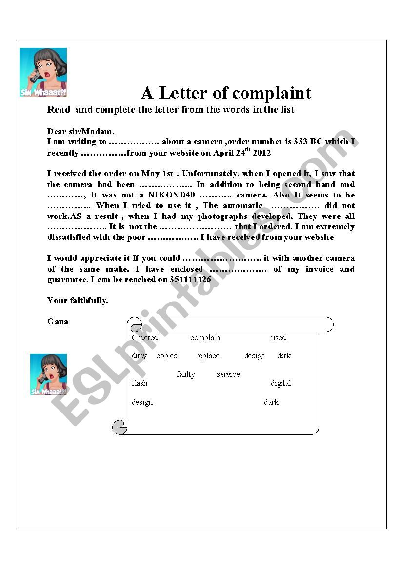 A letter of complaint worksheet