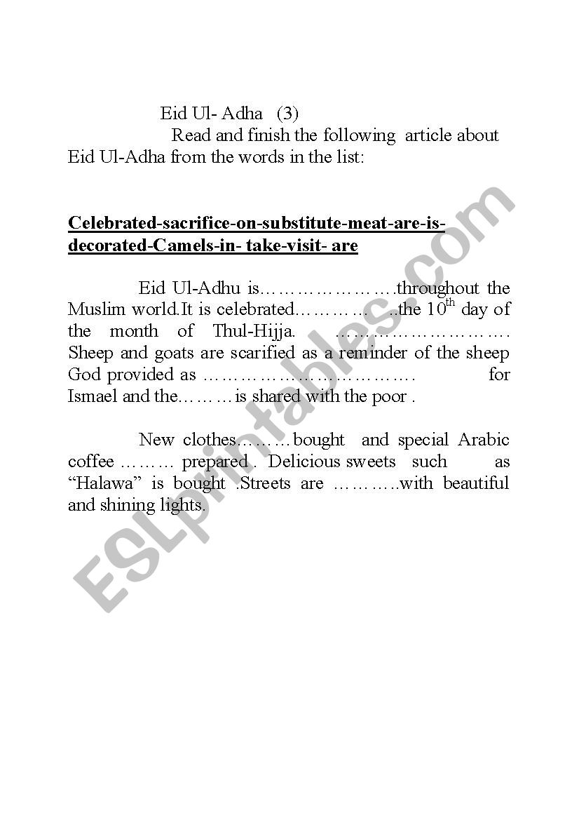 Eid Al AdHa worksheet