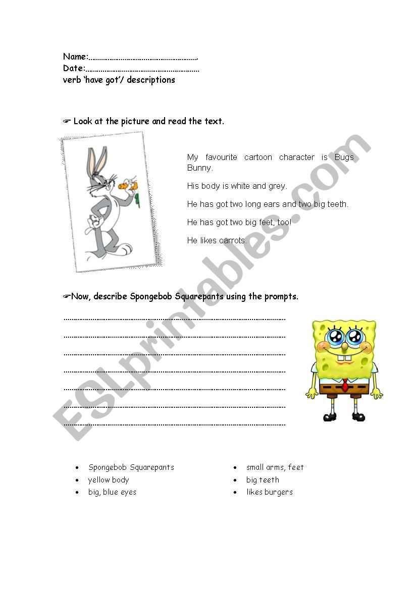 How to describe a cartoon character- verb have got- elementary writing + model text