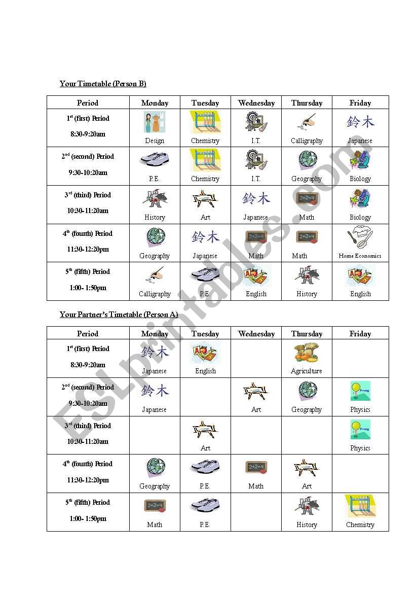 School Subjects Timetable Information Gap B