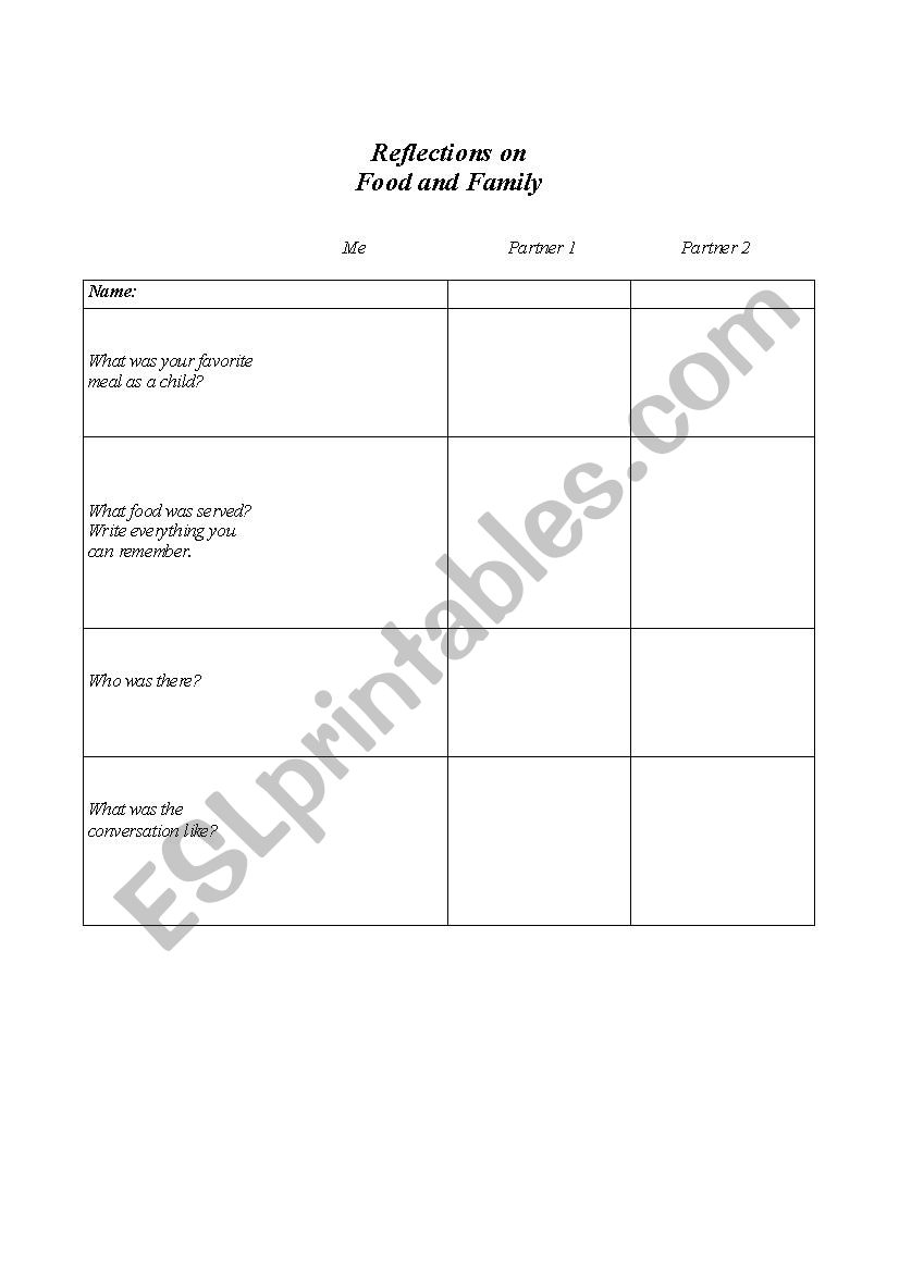 Food and Family Mingle Worksheet