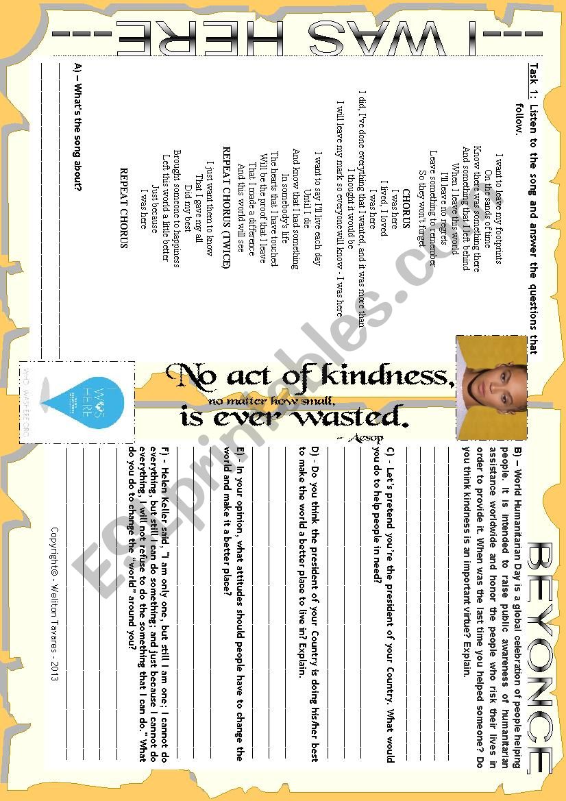 SONG WORKSHEET - I WAS HERE - BEYONCÃ‰