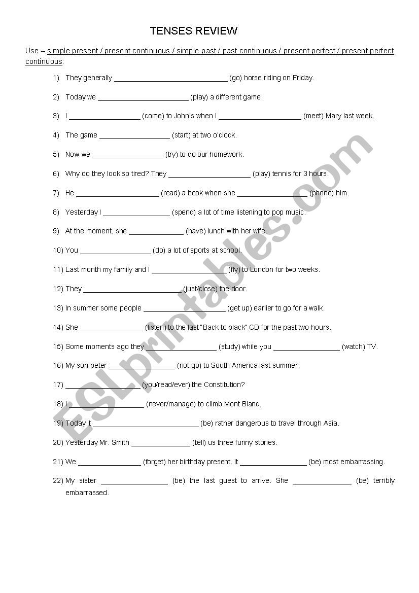 Tenses test worksheet