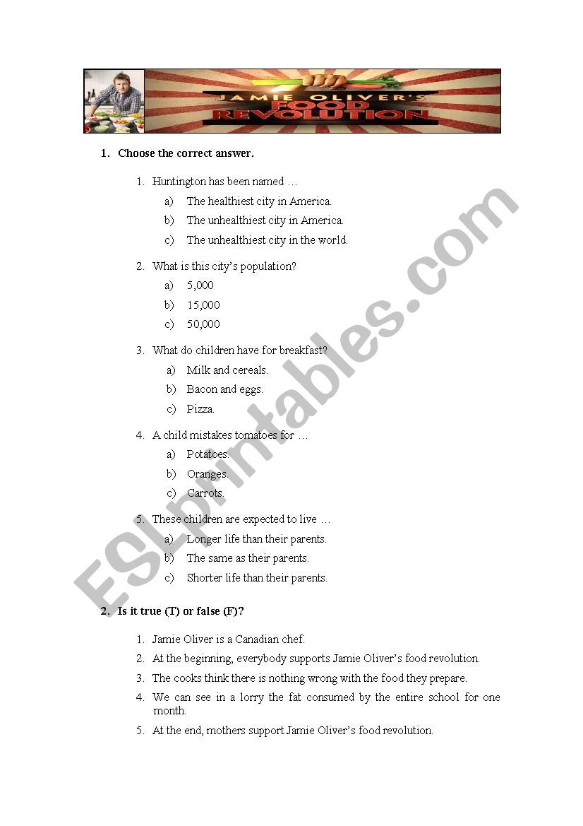 Healthy food: Jamie Oliver worksheet