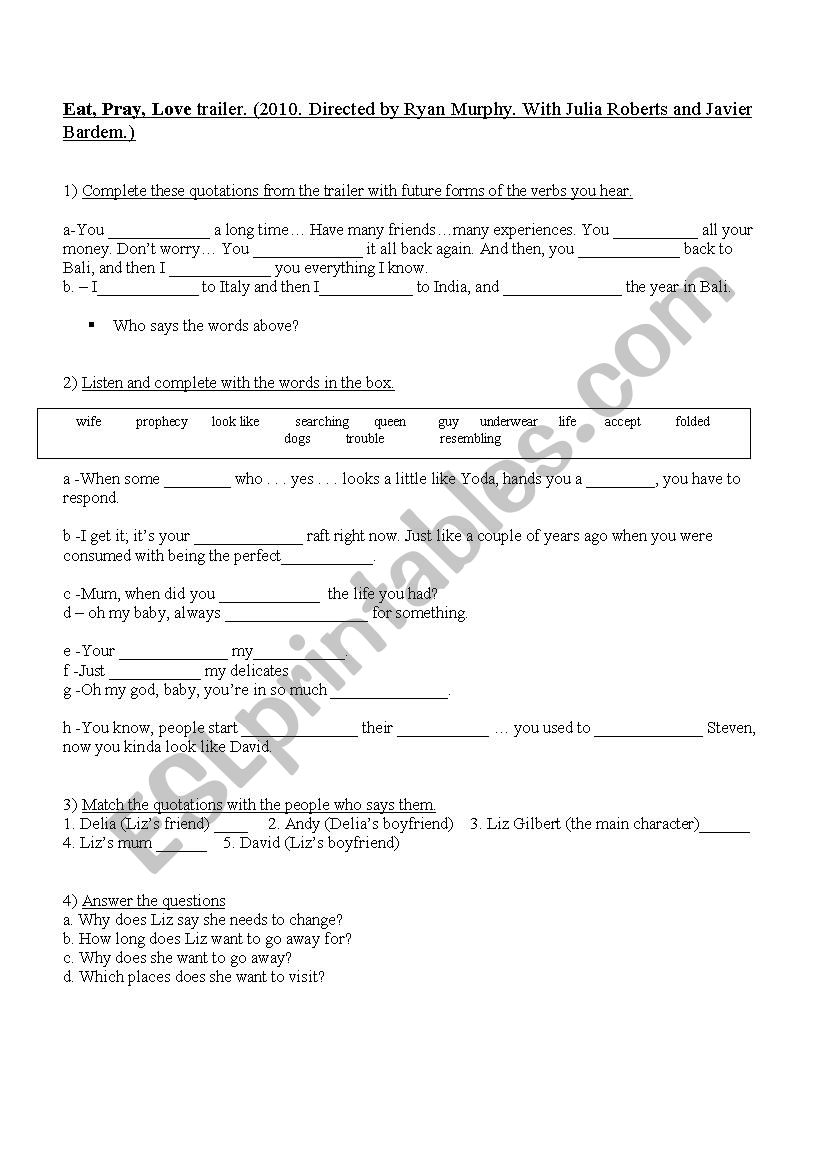 Eat, Pray, Love worksheet