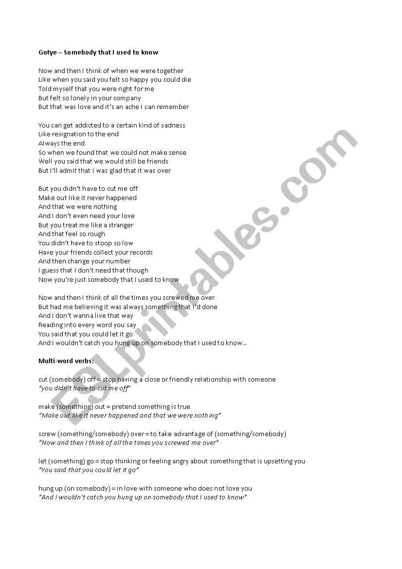 Somebody that I used to know vocabulary