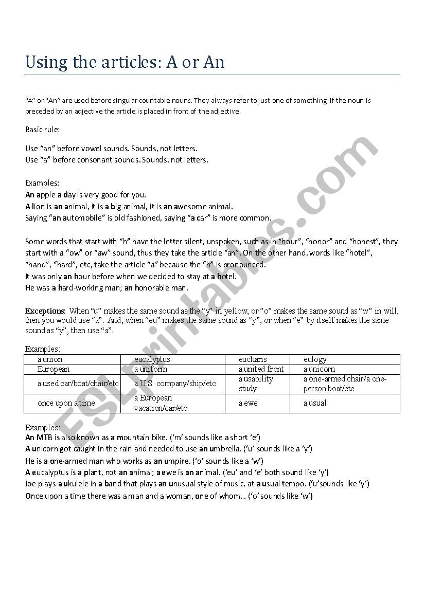 The articles: A and An worksheet