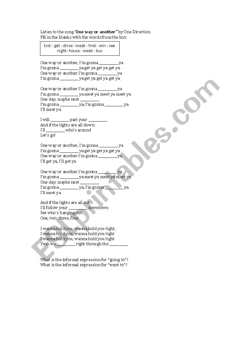 One way or another Song Worksheet