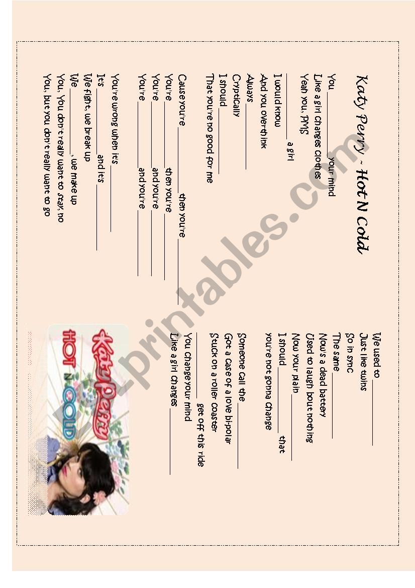 Song Hot N Cold by Katy Perry worksheet