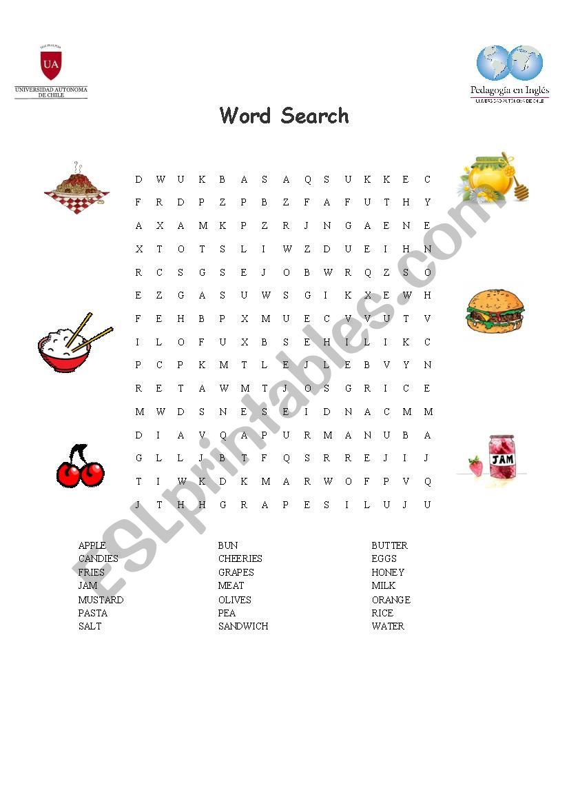 wordsearch food worksheet