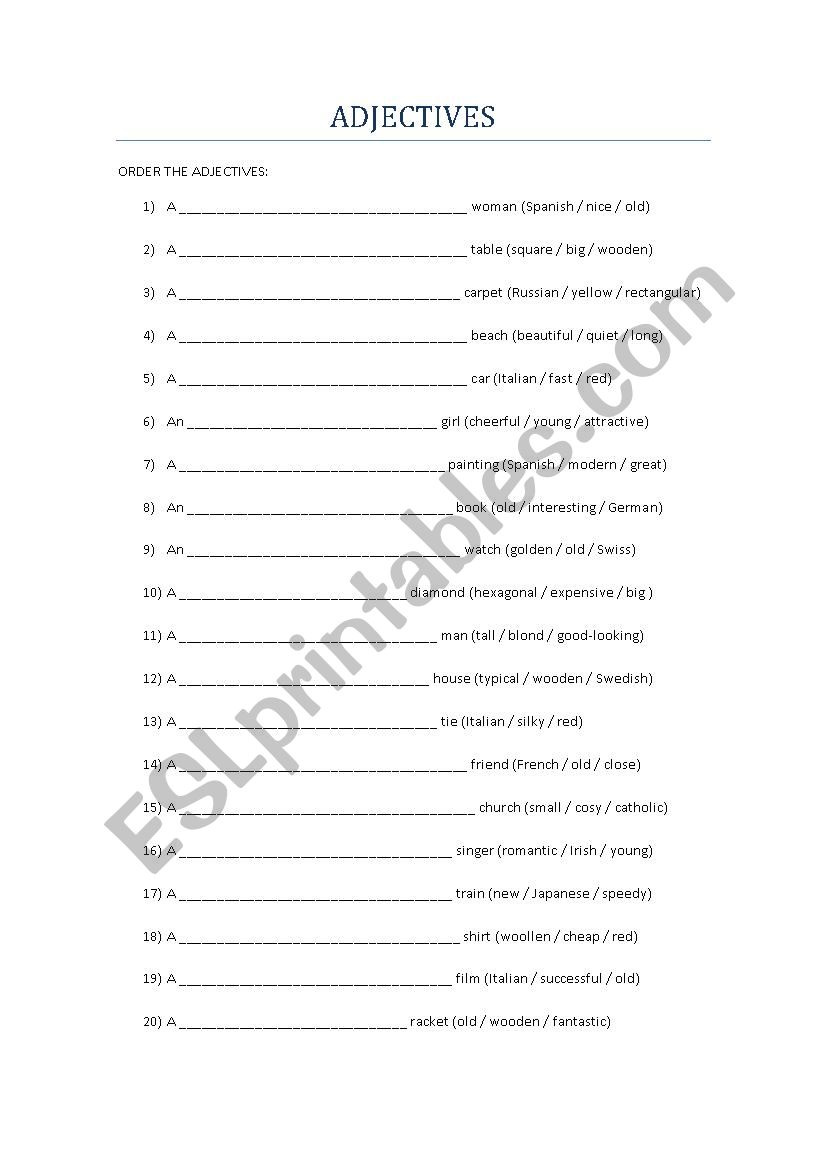 Ordering the adjectives worksheet
