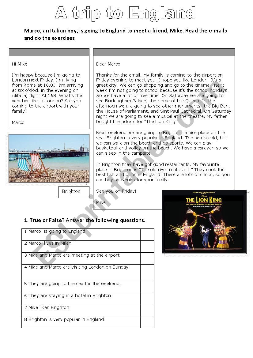 A trip to England worksheet