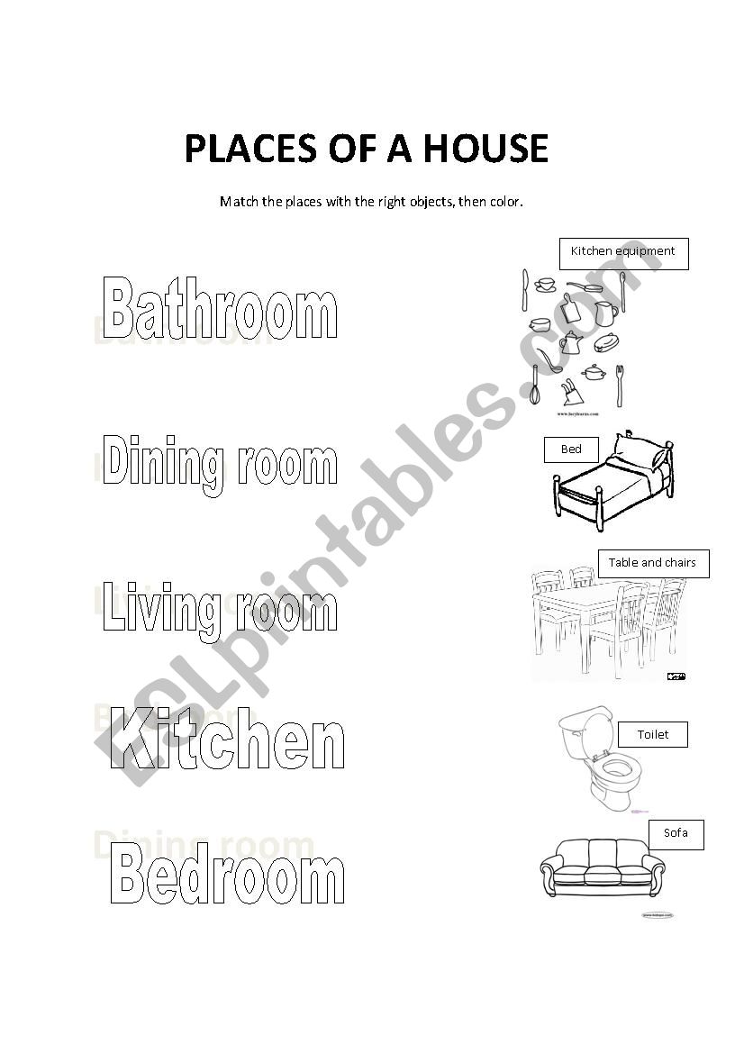 Parts of a house - Matching worksheet