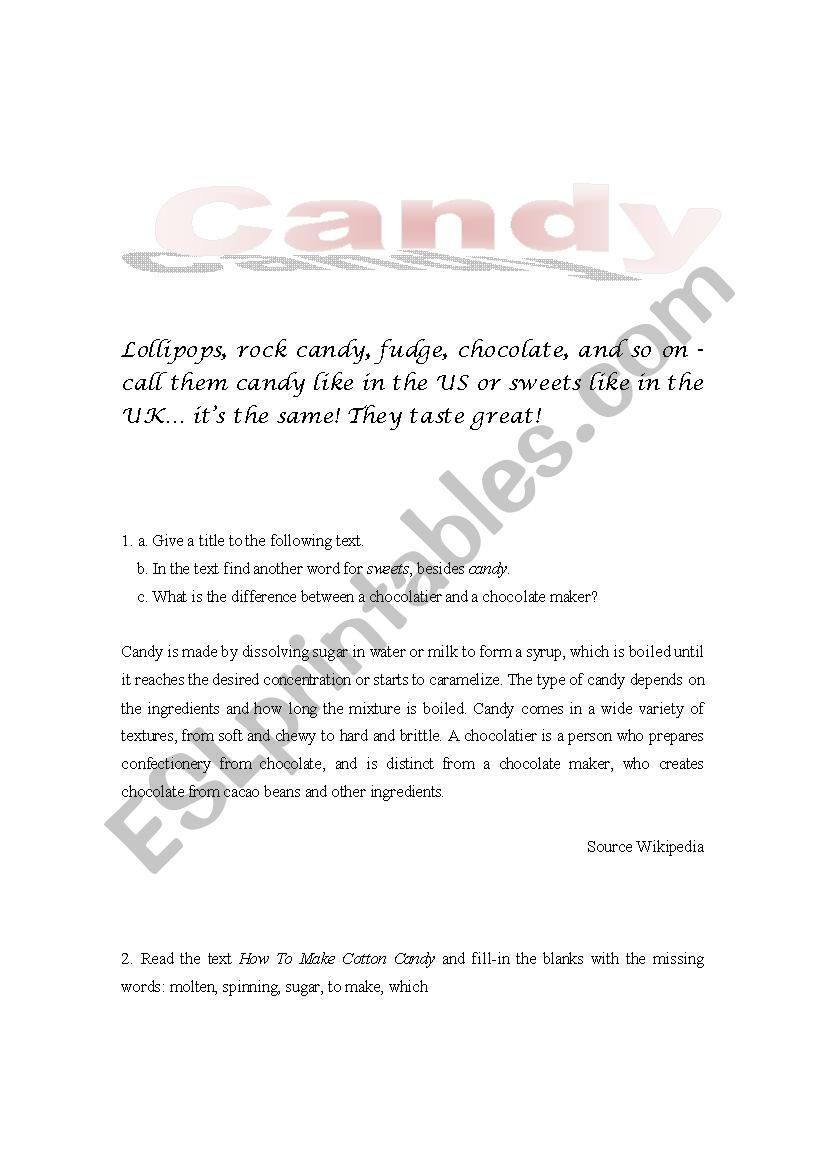 Candy (Key included) worksheet
