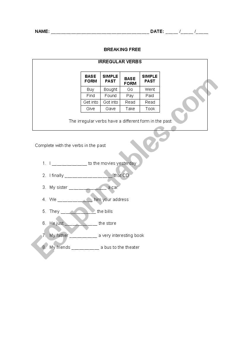 IRREGULAR VERBS worksheet