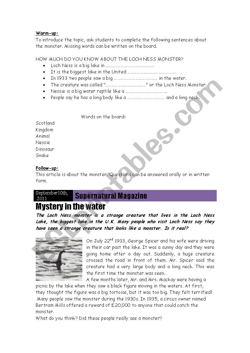 The Loch Ness Monster Project worksheet