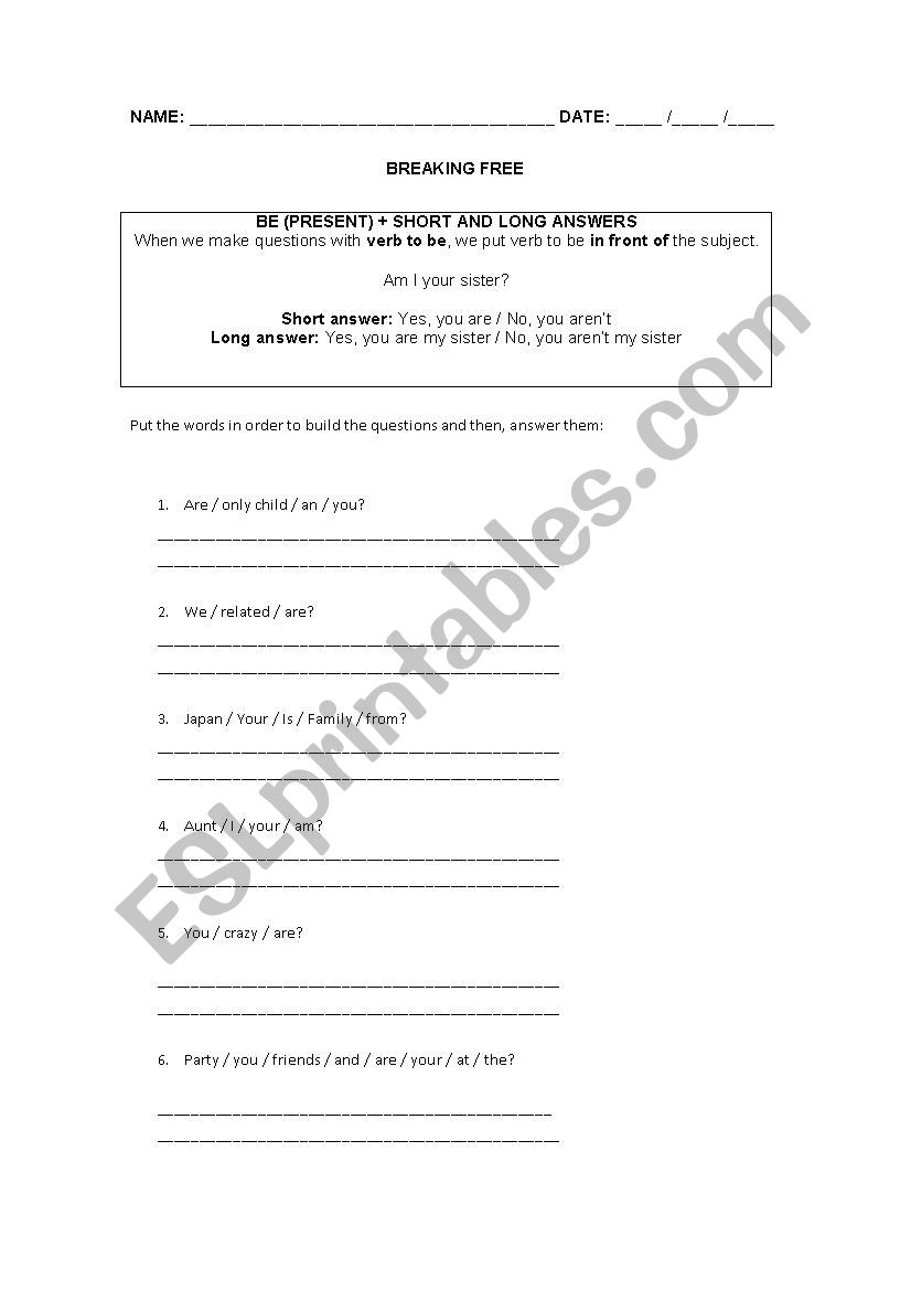 Verb to be practice worksheet