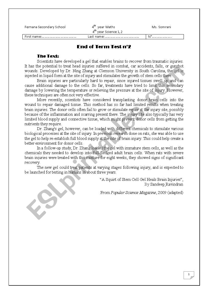 End of Term Test 2  worksheet