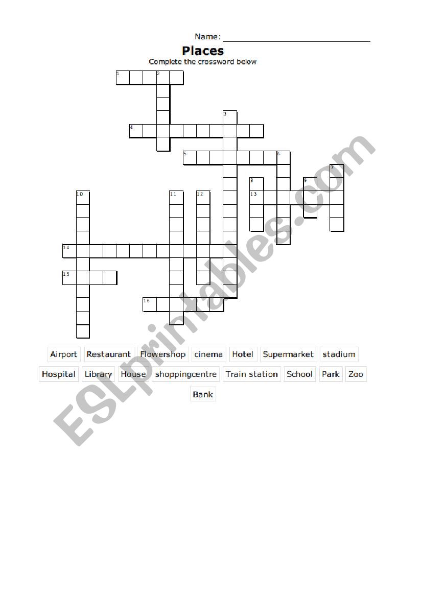 Places crossword worksheet