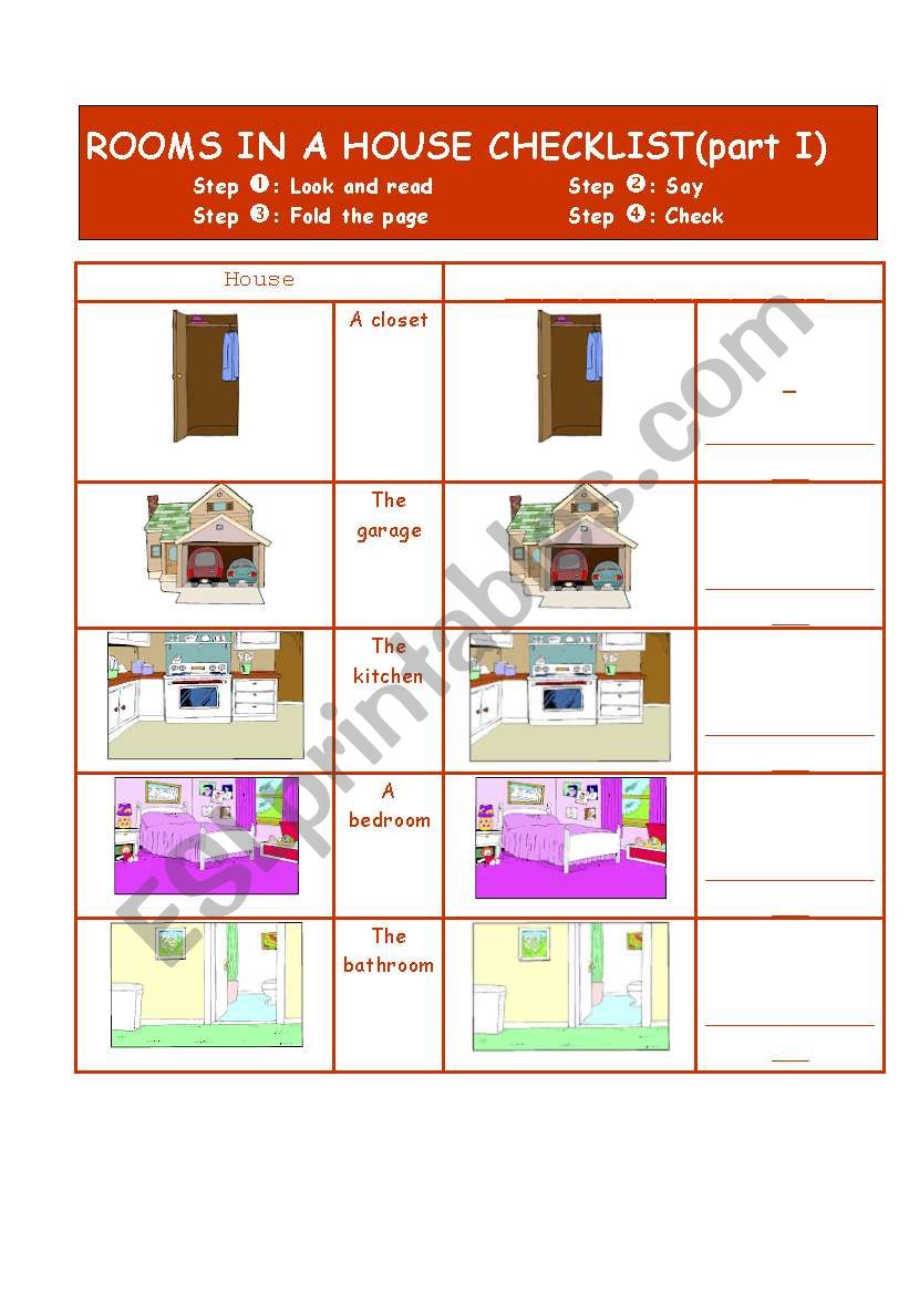 Rooms in a house checklist worksheet