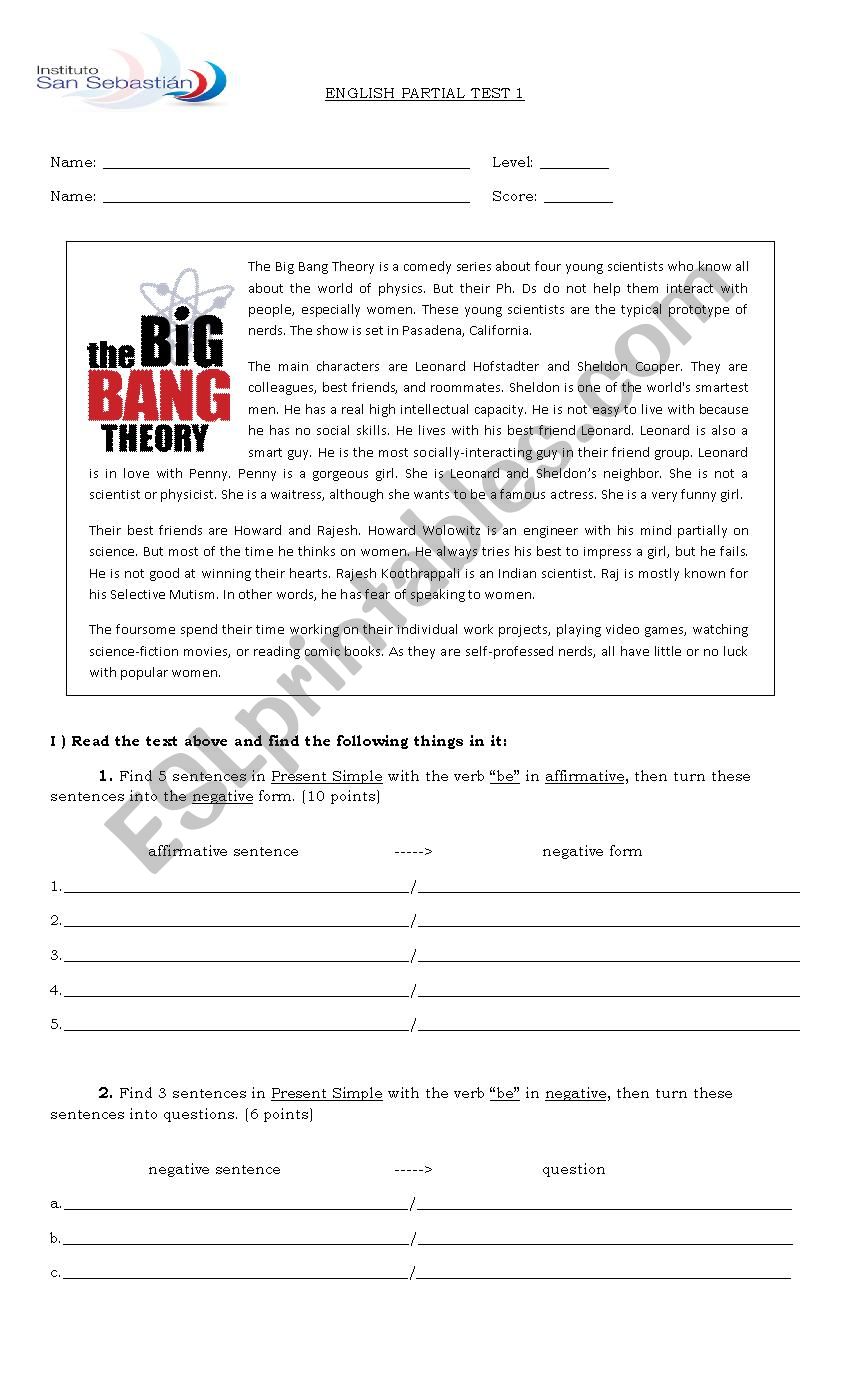 The big bang theory test worksheet