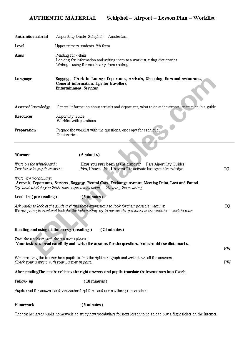 Lesson Plan SCHIPHOL AIRPORT worksheet