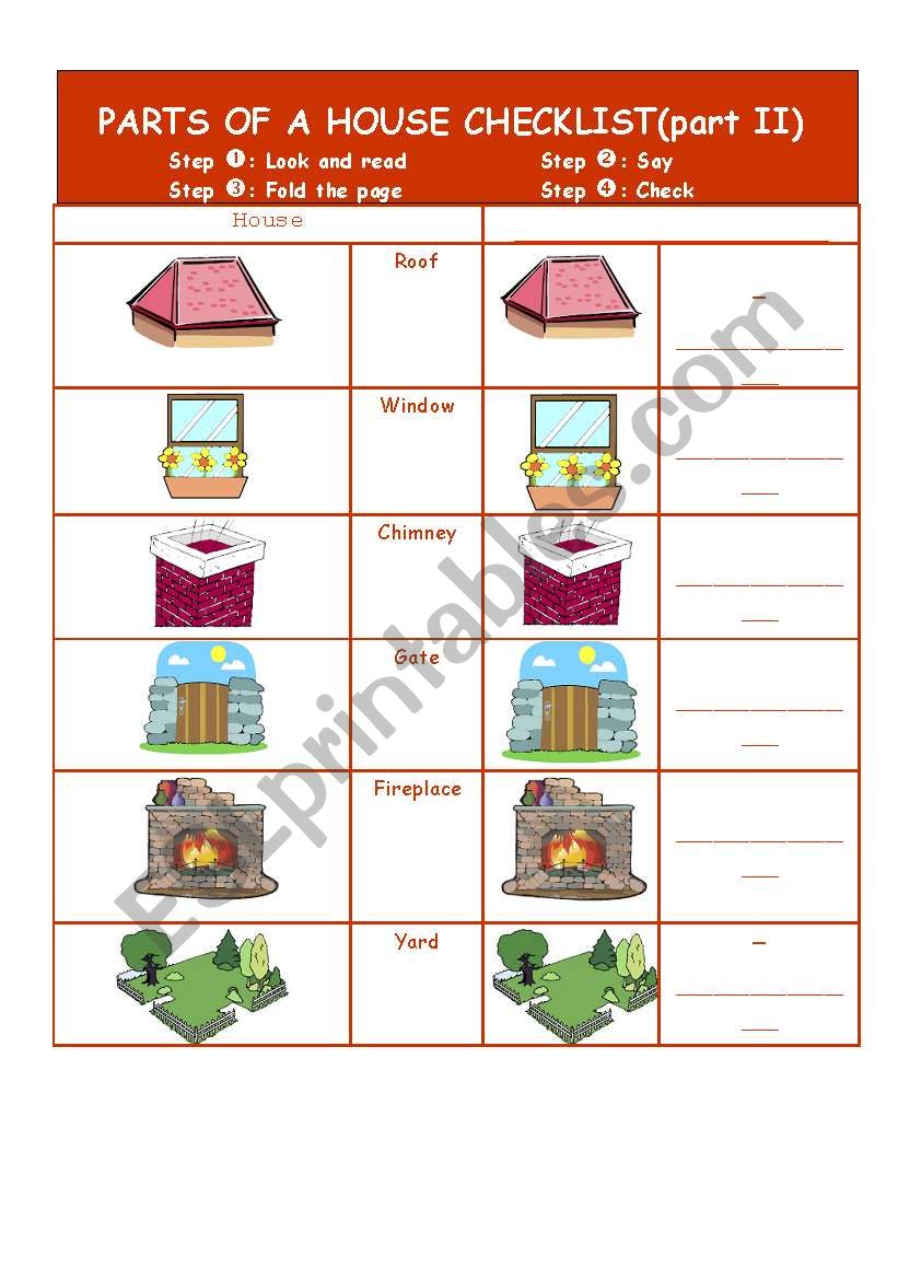 Parts of a house checklist worksheet