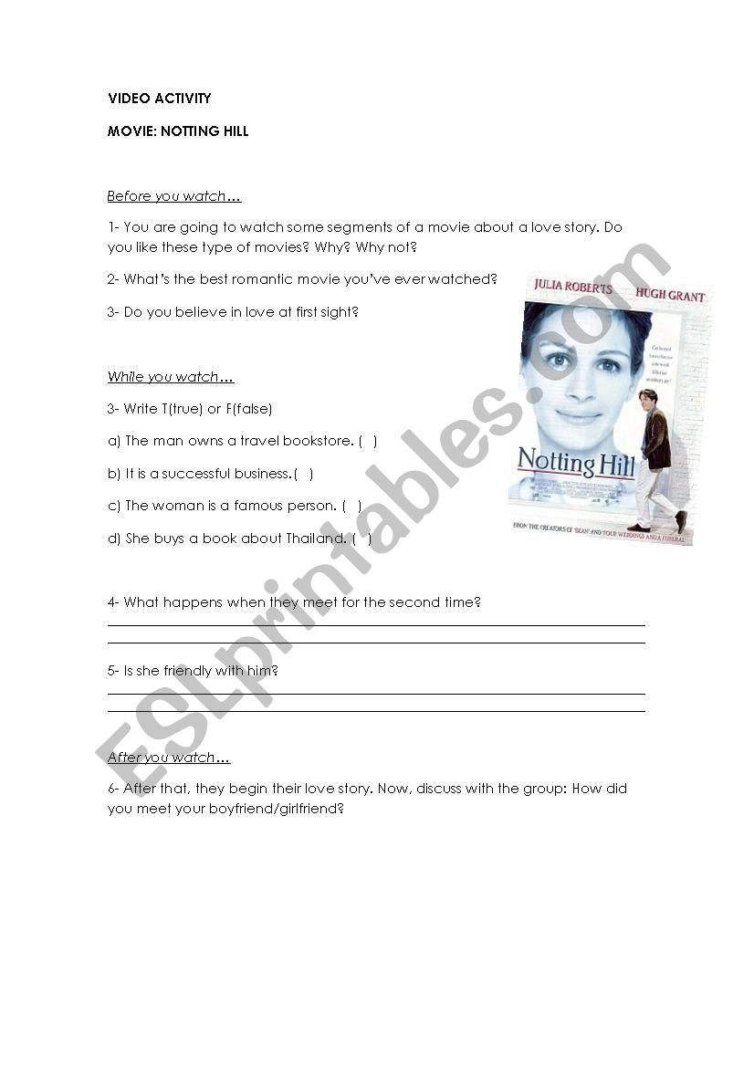 Notting Hill worksheet