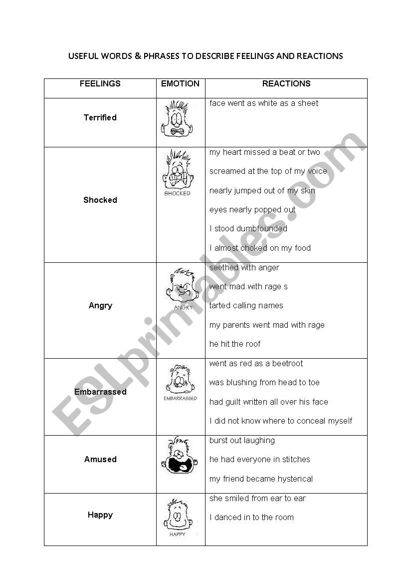 Useful Words to Describe Feelings and Reactions