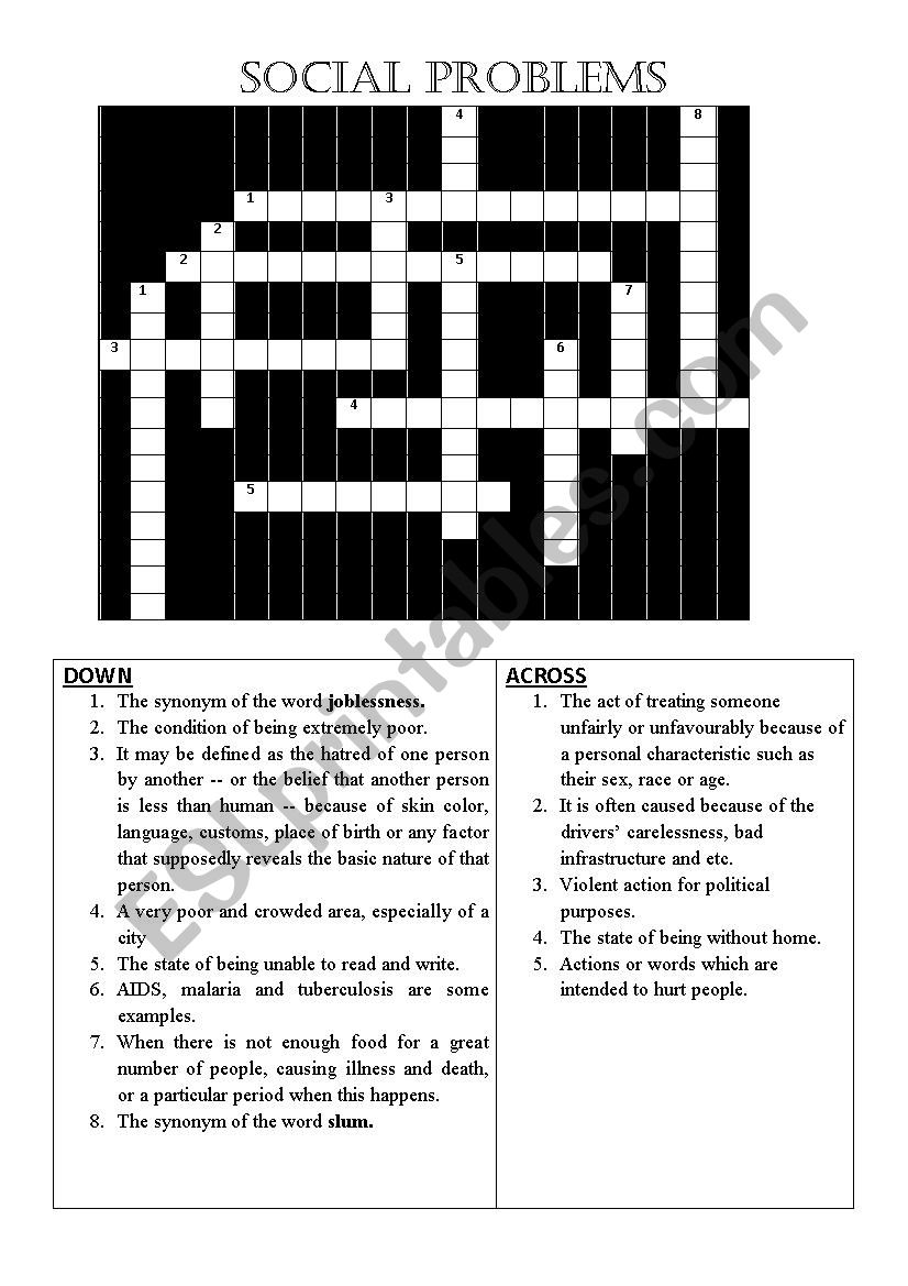 SOCIAL PROBLEMS CROSSWORD worksheet