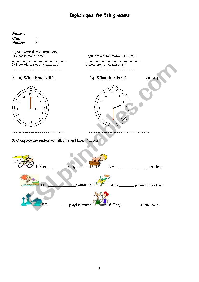 quiz for lower graders worksheet