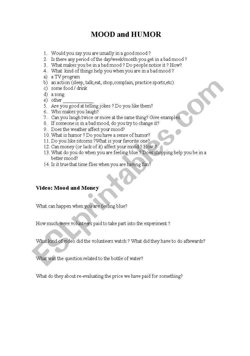 Mood and Humor worksheet